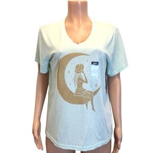 Lee Womens Mint Green Girl Sitting On Moon Short Sleeve Graphic Print Tee Size L